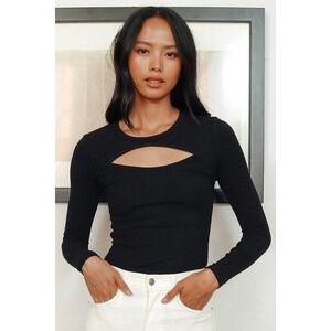 Lulus Flirty Little Secret Black Ribbed Cutout Long Sleeve Top - Size S